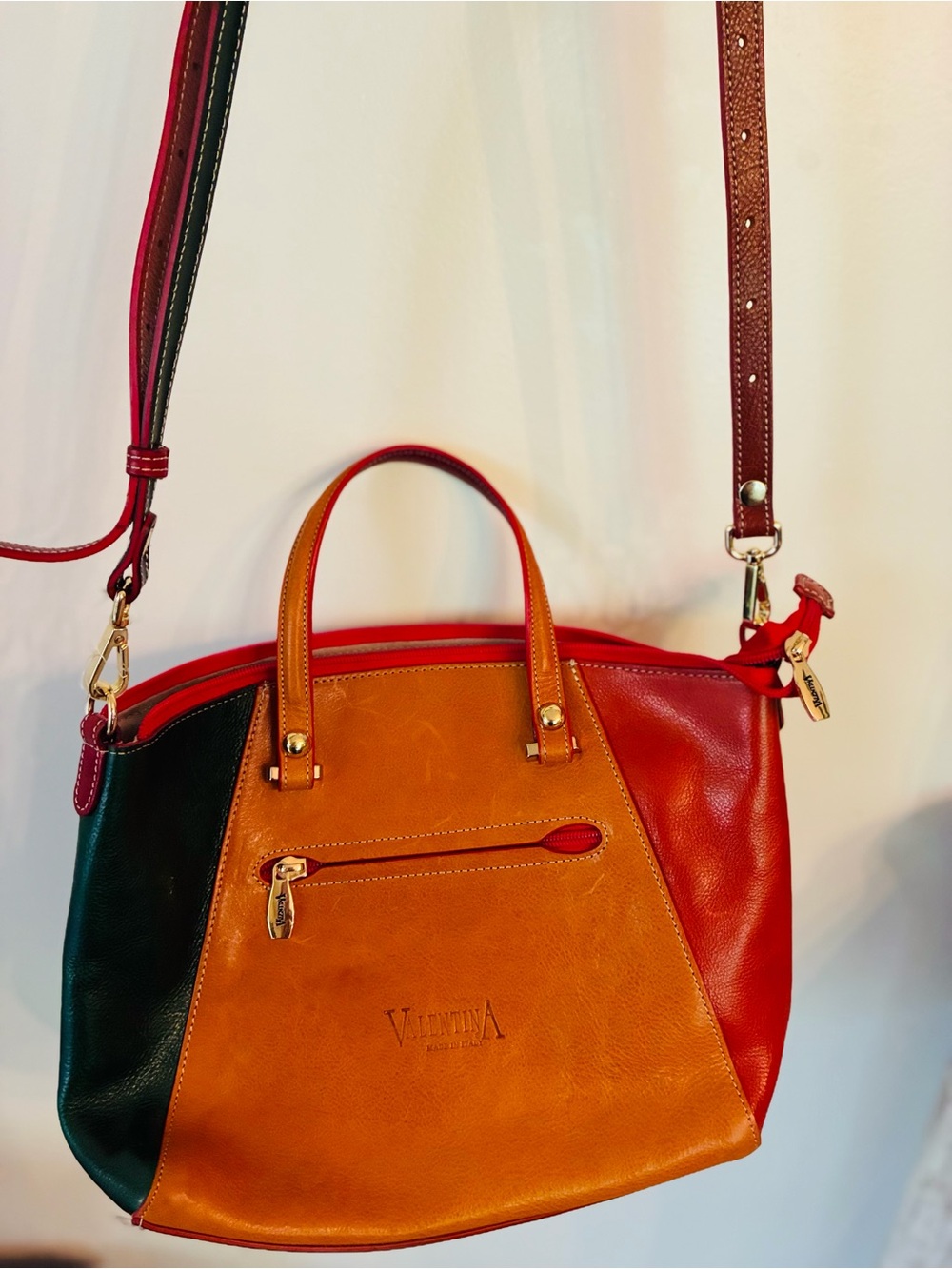 Vintage Valentina Colorblock Leather Satchel in Red, Tan & Green. Made in Italy